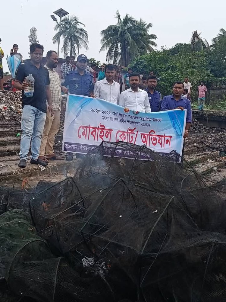 দেশীয় প্রজাতি মাছ রক্ষায় ভ্রাম্যমাণ আদালতে কারেন্ট ও রিং জাল জব্দ করে বিনষ্ট