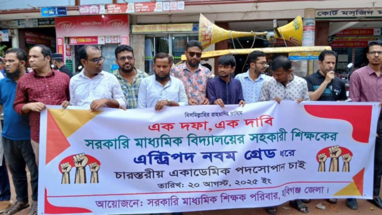 ‎হবিগঞ্জে সরকারি মাধ্যমিক শিক্ষকদের মানববন্ধন