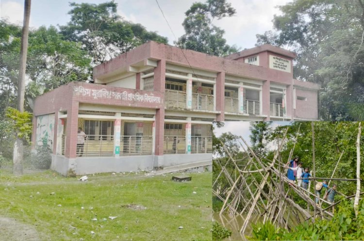দুমকীতে স্কুলপথে ঝুঁকিপূর্ণ বাঁশের সাঁকো