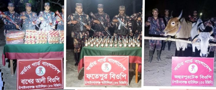 চাঁপাইনবাবগঞ্জে ভারতীয় মদ,শাড়ী,চাদর ও ২টি গরু জব্দ